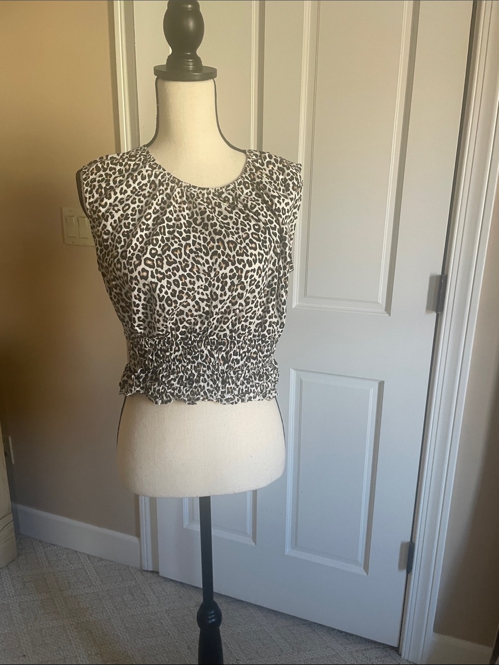 J. Crew Sleeveless Leopard Print Smocked Waist Top - Black & White